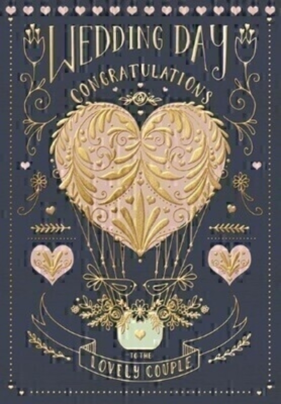 This Wedding greetings card from Paper Rose has a black gold and rose gold design featuring a heart shaped hot air balloon with Wedding Day Congratulations to the lovely couple written on the front. The card has Wishing both of you every happiness in the world today and always written inside and comes complete with white envelope.  Perfect for celebrating a Wedding. 